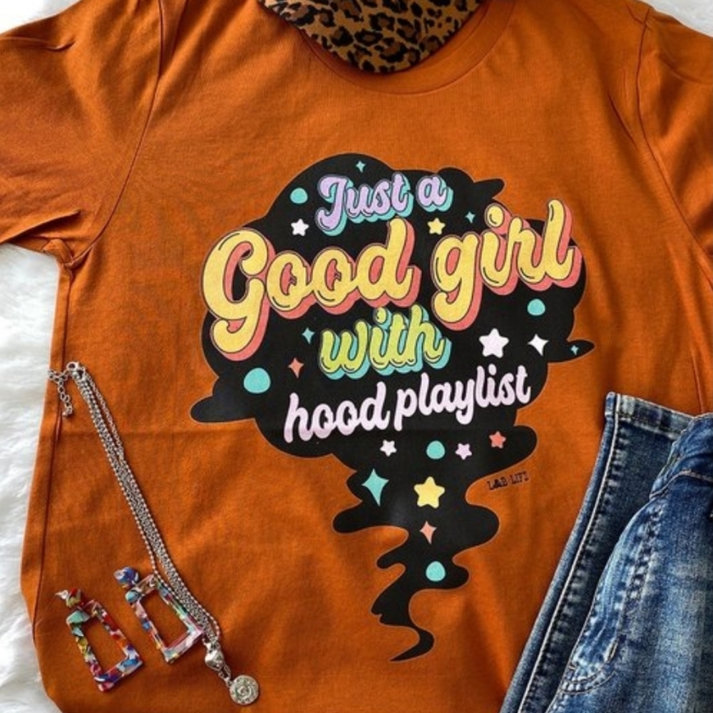 Good Girl Hood Playlist short sleeve tshirt Medium XLarge Autumn Rust New